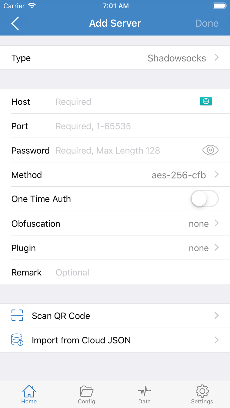 ShadowrocketのAdd Server画面。Type、Host、Port、Password、Methodのほか、Scan QR CodeとImport from Cloud JSONを表示