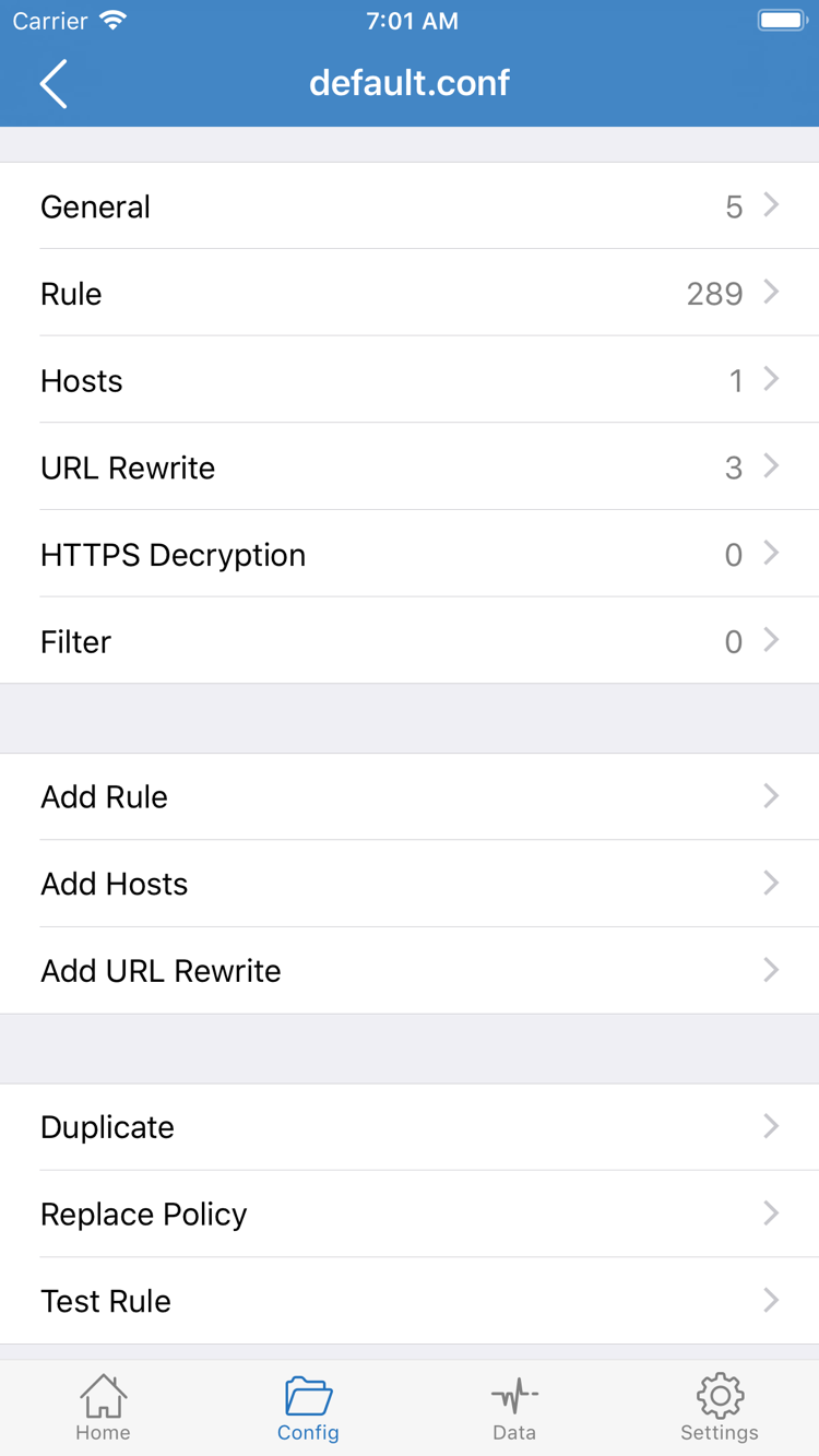 ShadowrocketのConfig編集画面。General、Rule、Hosts、URL Rewrite、HTTPS Decryptionの各セクションとAdd Ruleを表示