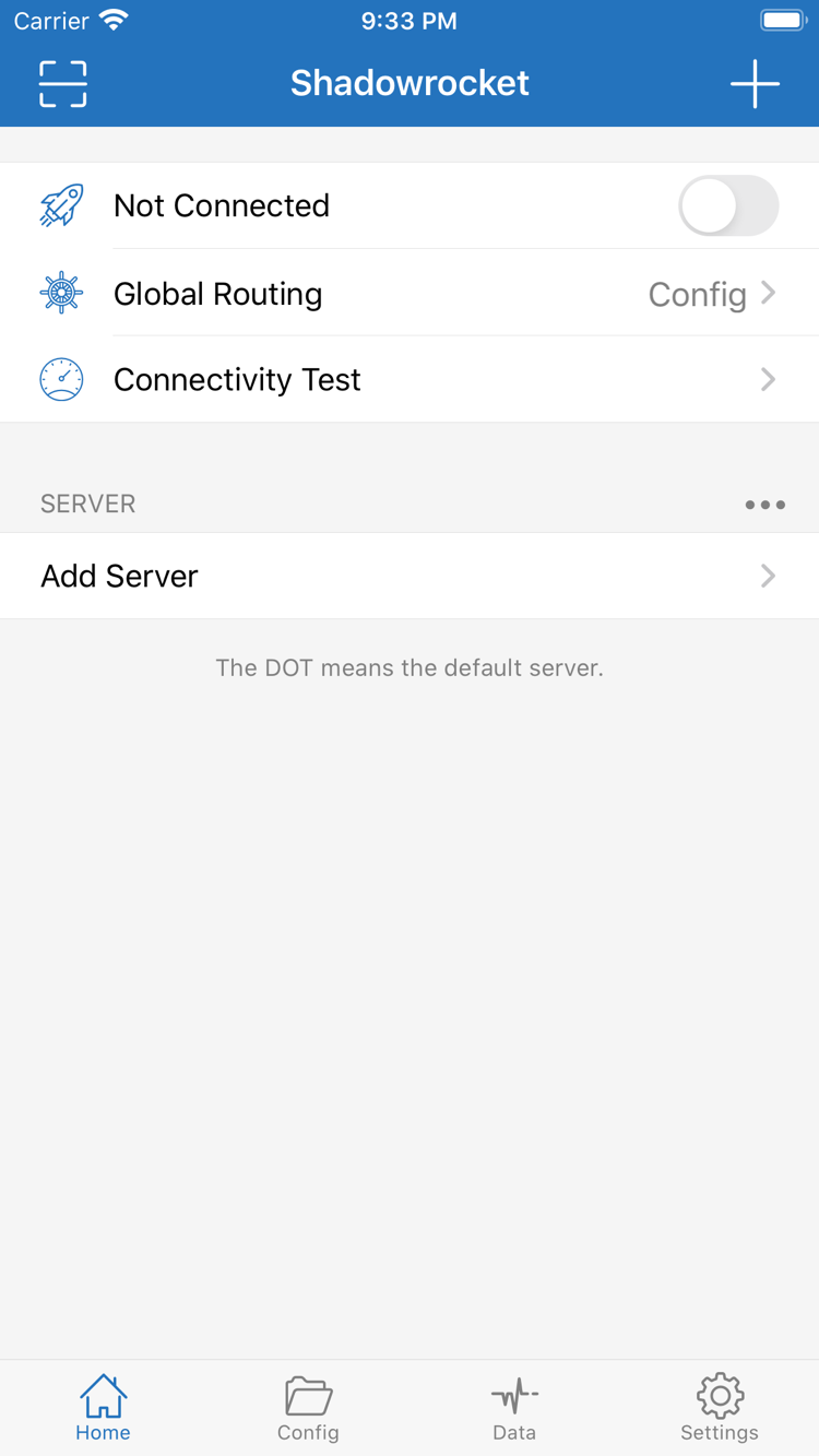 ShadowrocketのHome画面。上部にNot Connectedの接続スイッチ、その下にGlobal Routing、Connectivity Test、SERVERグループ、Add Serverを表示